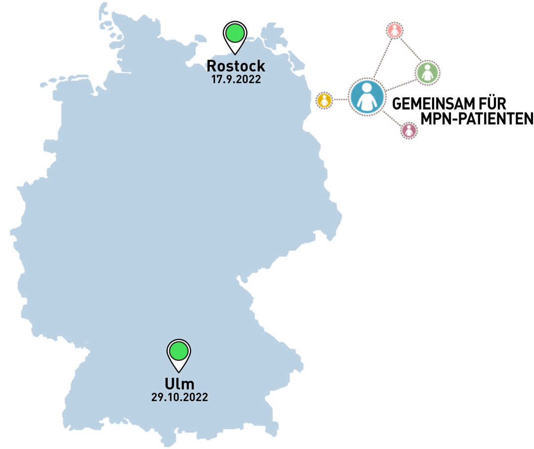 Die Grafik zeigt eine Deutschlandkarte mit Standorten und Terminen der nächsten MPN-Patiententage im September und Oktober Die Grafik zeigt eine Deutschlandkarte mit Standorten und Terminen der nächsten MPN-Patiententage im September und Oktober